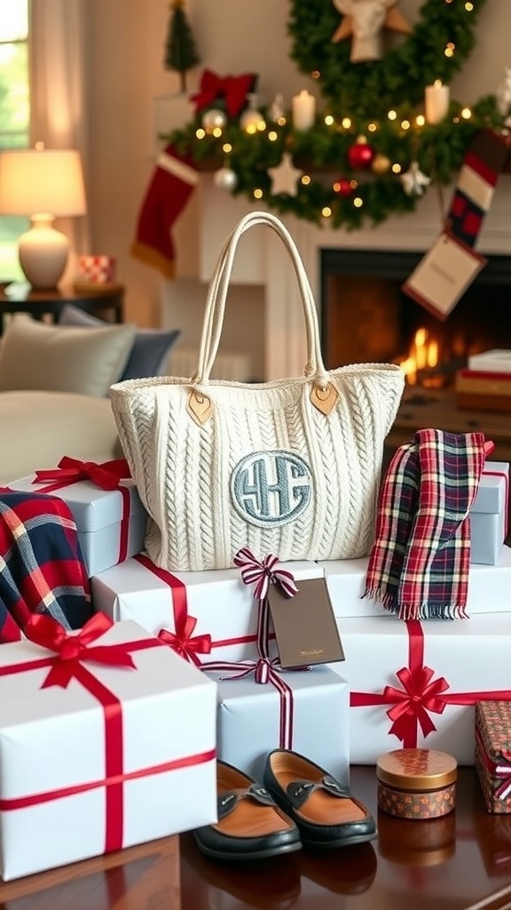A collection of stylish preppy Christmas gifts including a tote bag, sweater, and accessories, beautifully wrapped.